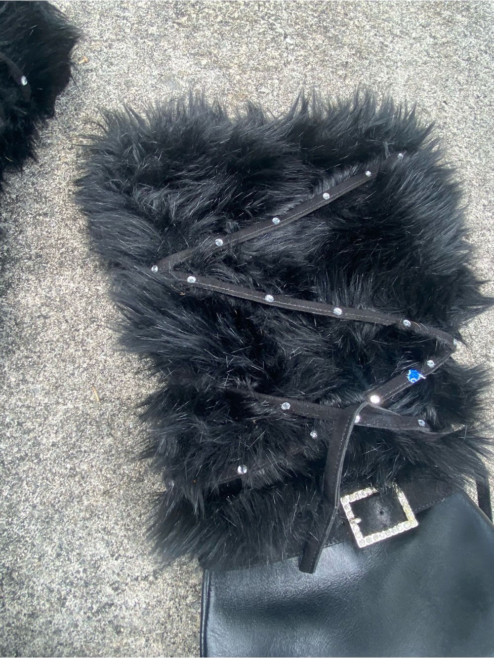 Y2K Black Leather & Fur Rhinestone Stiletto Boots Size 10 - Picture 4 of 8